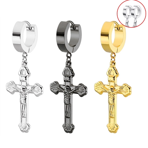Pendientes de Cruz de Crucifijo de Acero Inoxidable Vintage para Hombres Mujeres Punk Gótico Oro Negro Joyería Religiosa Galvanizada
