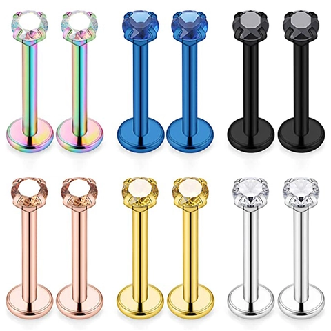Perni Labret in Acciaio Inossidabile 316L Con Zirconia Cubica Quattro Griffe Dorso Piatto Piercing Orecchio per Uomo Donna