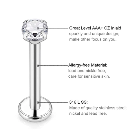 Perni Labret in Acciaio Inossidabile 316L Con Zirconia Cubica Quattro Griffe Dorso Piatto Piercing Orecchio per Uomo Donna