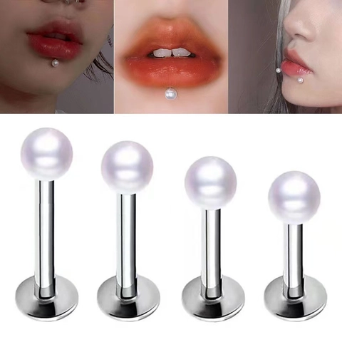 Faux Artificial Pearl Stainless Steel Labret Lip Studs 16G 1.2mm Flat Back Piercing Jewelry For Women Men Tragus Helix Cartilage Earring