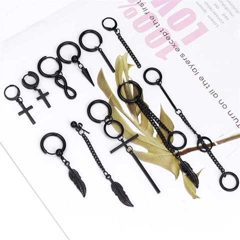 Black Stainless Steel Earrings Assorted Collection Cross Feather Infinity Spike Hoop Stud Earrings For Men Women Punk Jewelry