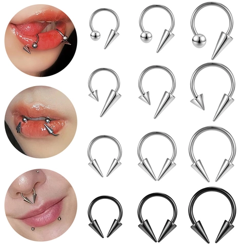 Stainless Steel Horseshoe Lip Ring Spike Ball Circular Barbell Septum Piercing Jewelry Punk Gothic Body Jewelry For Men Women