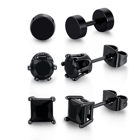Black Zirconia Stud Earrings Round Square And Barbell Geometric Punk Hip Hop Men Women Alloy Jewelry Accessories Collection