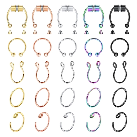 Stainless Steel Magnetic Faux Nose Ring Set Non Piercing U Shaped Clip On Horseshoe Nose Hoop For Men Women Body Jewelry