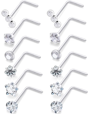 Piercings de Nariz en Forma de L de Acero Inoxidable Con Zirconia Cúbica Corazón Estrella Redondo Cuadrado Joyería Unisex