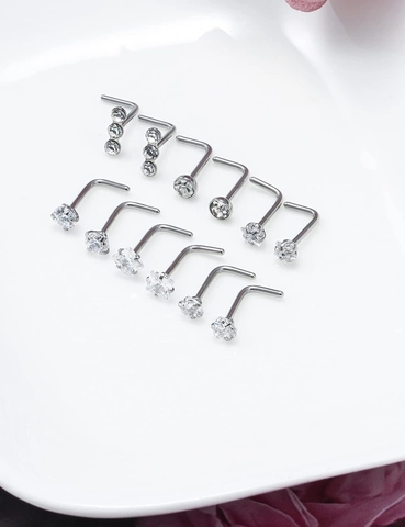 Piercings de Nariz en Forma de L de Acero Inoxidable Con Zirconia Cúbica Corazón Estrella Redondo Cuadrado Joyería Unisex