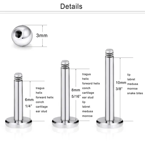 16G Stainless Steel Lip Rings Labret Studs Set Medusa Monroe Piercing Jewelry With Zirconia Ball Hypoallergenic Body Jewelry