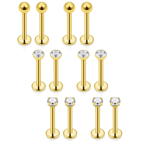 Ensemble de Piercings Lèvre en Acier Inoxydable 316L Plaqué Or Zircone Labret Studs Boule Sertissage Griffes Bezel Bijoux de Piercing Unisex