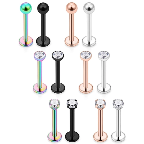 316L Stainless Steel Lip Rings Labret Studs Set Zirconia Round Ball Piercing Jewelry For Women Men Unisex Flat Back Accessory