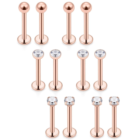 316L Stainless Steel Labret Lip Ring Rose Gold Cubic Zirconia Ball 16G Piercing Jewelry For Ear Cartilage Tragus Helix