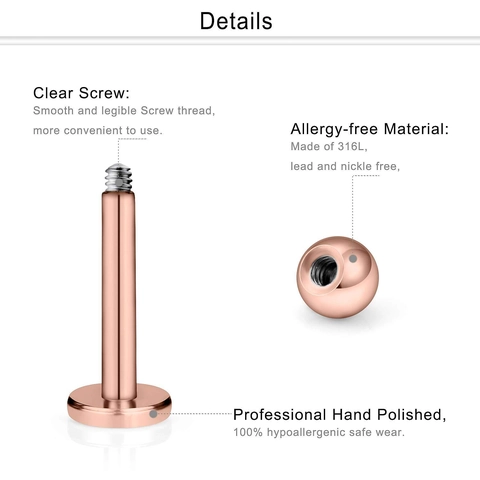 316L Stainless Steel Labret Lip Ring Rose Gold Cubic Zirconia Ball 16G Piercing Jewelry For Ear Cartilage Tragus Helix