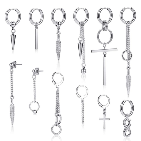 Ensemble de Boucles d'Oreilles Punk en Acier Inoxydable 316L pour Hommes Femmes Argent Croix Plume Infini Cône Chaîne Créoles Hip Hop Bijoux