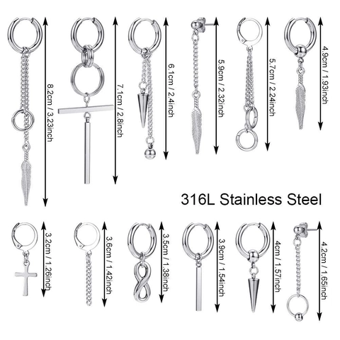Ensemble de Boucles d'Oreilles Punk en Acier Inoxydable 316L pour Hommes Femmes Argent Croix Plume Infini Cône Chaîne Créoles Hip Hop Bijoux