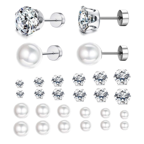 Minimalist 316L Stainless Steel Round CZ Artificial Pearl Stud Earrings With Threaded Flat Back Classic Six Prong Jewelry For Women Men