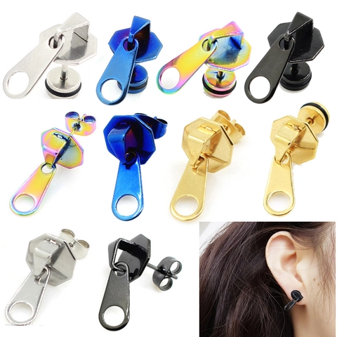 Pendientes de Botón de Acero Inoxidable con Diseño de Tirador de Cremallera para Hombre Mujer Estilo Punk Gótico Urbano