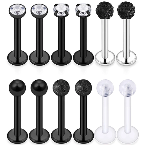 316L Stainless Steel Acrylic Lip Piercing For Women Men Black Silver Zirconia Labret Stud Earring Tragus Piercing Jewelry
