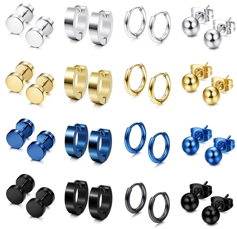 Stainless Steel Stud Hoop Earrings Set For Men Women Minimalist Barbell Ball Round Ear Piercing Jewelry Gold Black Silver Blue Earrings