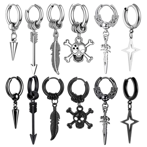 Stainless Steel Punk Hoop Earrings With Skull Cross Feather Arrow Sword Star Dangle Gothic Hip Hop Jewelry Men Women