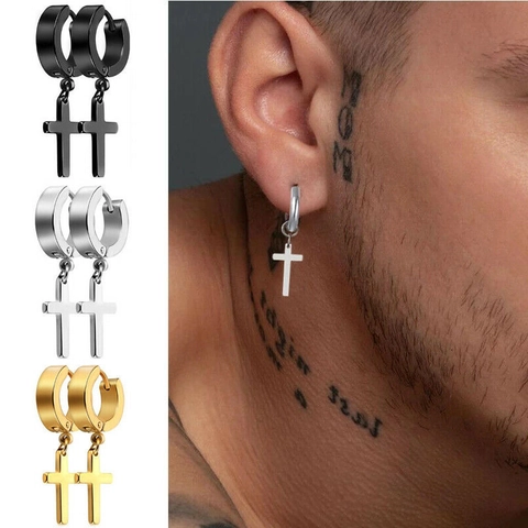 Orecchini a Cerchio Punk con Pendente a Croce per Uomo Donna Street Gothic Orecchini a Croce Oro Argento Nero Blu Gioielli