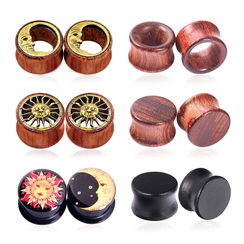 Plugs d'Oreille en Bois Alliage Rétro Soleil Lune Double Évasé Bijoux de Piercing Corporel Hommes Femmes Tunnels Vintage