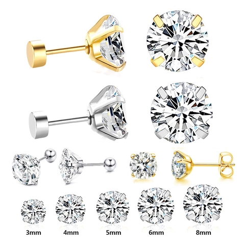 316L Edelstahl Zirkonia Ohrstecker Für Damen Herren Hypoallergen Klar CZ Rund Piercing Schmuck Gold Silber