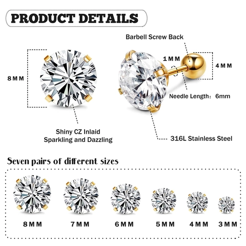 316L Edelstahl Zirkonia Ohrstecker Für Damen Herren Hypoallergen Klar CZ Rund Piercing Schmuck Gold Silber