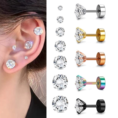 Boucles d'Oreilles Clous en Acier Inoxydable avec Zircone à 4 Griffes pour Hommes Femmes Minimalistes Fermoir à Vis Bijoux de Piercing