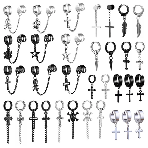 Punk Stainless Steel Cross Skull Feather Star Cone Dangle Hoop Earrings For Men Women Gothic Street Style Jewelry