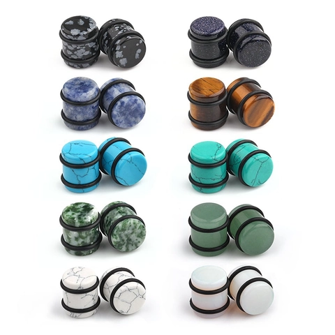 Ear Plugs από Φυσική Πέτρα Κυλινδρικά Κοσμήματα Piercing Αυτιού Αμέθυστος Τυρκουάζ Μάτι της Τίγρης Οπαλίτης Με Δακτυλίους Καουτσούκ