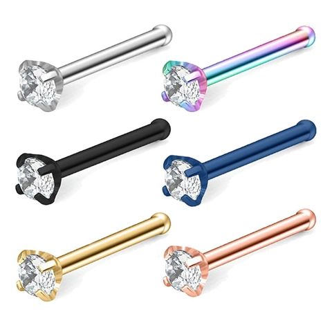 Stainless Steel Round Zircon Nose Stud Piercing Jewelry Four Prong Western Style For Men Women Body Accessories Jewelry