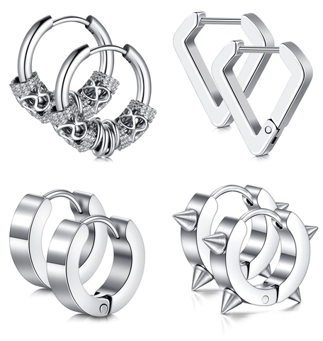 Stainless Steel Hoop Earrings Set Men Women Punk Rivet Inverted Triangle Dragon Pattern Silver Earring Jewelry Finger Ring Gift