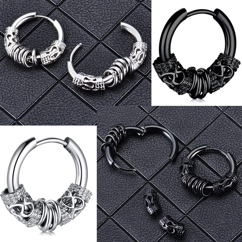 Stainless Steel Hoop Earrings Set Men Women Punk Rivet Inverted Triangle Dragon Pattern Silver Earring Jewelry Finger Ring Gift