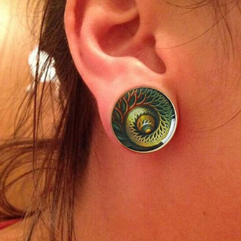 Organic Wood Double Flare Ear Tunnel Plugs Bohemian Fractal Tree Of Life Pattern Geometric Piercing Jewelry For Unisex