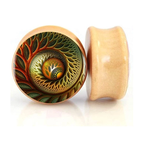 Organic Wood Double Flare Ear Tunnel Plugs Bohemian Fractal Tree Of Life Pattern Geometric Piercing Jewelry For Unisex