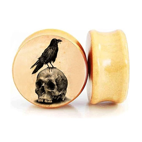 Gothic Vintage Wooden Ear Plugs Raven On Skull Pattern Double Flared Saddle Body Jewelry Piercing Ear Expanders Unisex