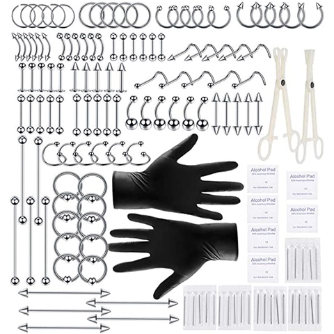Kit Profesional de Perforación Corporal de Acero Inoxidable Con Aro de Nariz Pendiente de Labio Piercing de Ceja Agujas y Herramientas