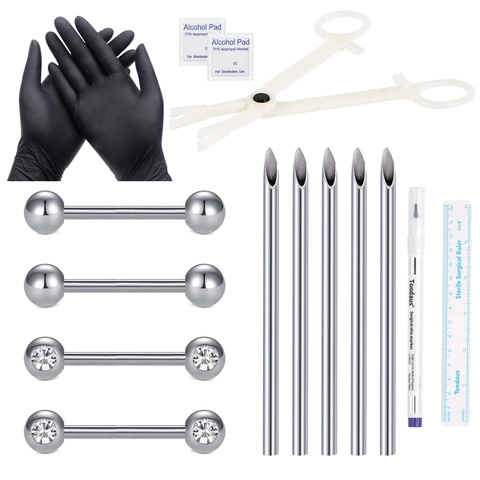 Professional Body Piercing Kit With 316L Stainless Steel Lip Rings Tongue Rings Needles Gloves Alcohol Pads Jewelry Tool