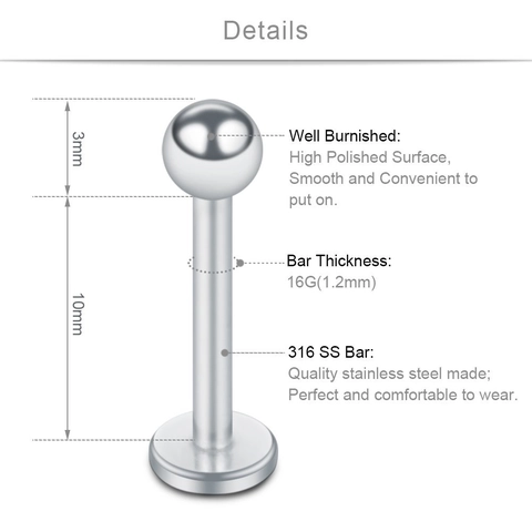 Clous de Lèvre en Acier Inoxydable Anneaux de Lèvre Bijoux de Piercing de Nez Avec Zircone Cubique Dos Plat