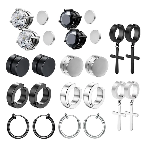 Set di Orecchini Magnetici in Acciaio Inossidabile per Uomo Donna Senza Buco Croce Zirconia Clip su Orecchini Gioielli Punk Street