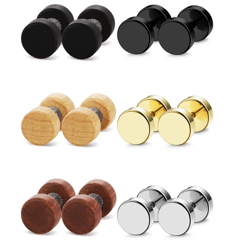 Boucles d'Oreilles Haltères Rondes en Acier Inoxydable et Bois pour Hommes Femmes Bijoux de Piercing Géométriques Noir Or Argent Couleur Bois Original