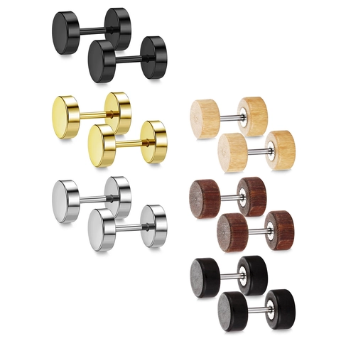 Boucles d'Oreilles Haltères Rondes en Acier Inoxydable et Bois pour Hommes Femmes Bijoux de Piercing Géométriques Noir Or Argent Couleur Bois Original