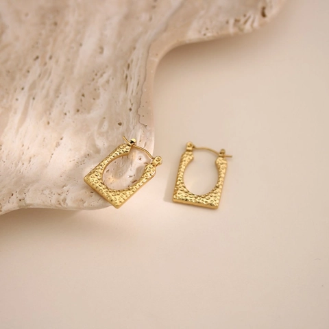 Orecchini in Acciaio Inossidabile Placcato Oro 18K Donna Texture Martellata Greca Cuore Geometrico Orecchini a Cerchio Rettangolari