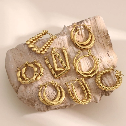Orecchini a Cerchio in Acciaio Inossidabile Minimalista Perno in Argento 925 Placcato Oro 18K Bambù Geometrico Gioielli Donna