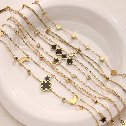 18K Gold Plated Stainless Steel Double Layer Bracelet For Women Black Clover Star Moon Enamel Pendant Fashion Jewelry
