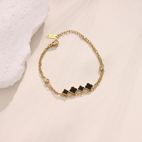 18K Gold Plated Stainless Steel Double Layer Bracelet For Women Black Clover Star Moon Enamel Pendant Fashion Jewelry