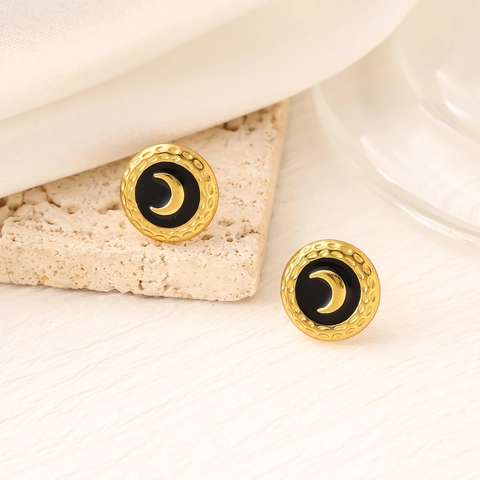 Vintage Round Stainless Steel Stud Earrings With 18K Gold Plated Enamel Crescent Moon Pattern Fashion Jewelry For Women