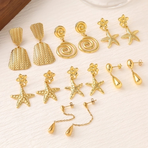 Orecchini a Goccia in Acciaio Inossidabile Placcato Oro 18K per Donna Moda Geometrica Stella Marina Fiore Goccia d'Acqua Spirale Gioielli