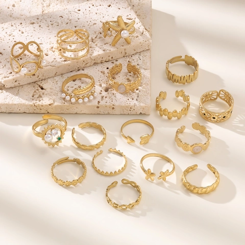 Anello Aperto in Acciaio Inossidabile Vintage Francese per Donna Placcato Oro 18K Zirconia Perla Artificial Fiore Foglia Regolabile Gioielli di Moda