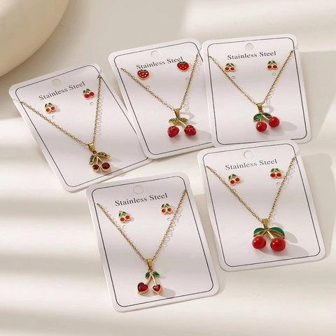 Collana Con Pendente a Ciliegia Fragola in Acciaio Inossidabile E Orecchini Gioielli Placcato Oro Smalto Frutta per Donna