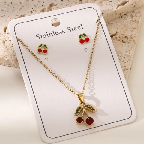 Collana Con Pendente a Ciliegia Fragola in Acciaio Inossidabile E Orecchini Gioielli Placcato Oro Smalto Frutta per Donna